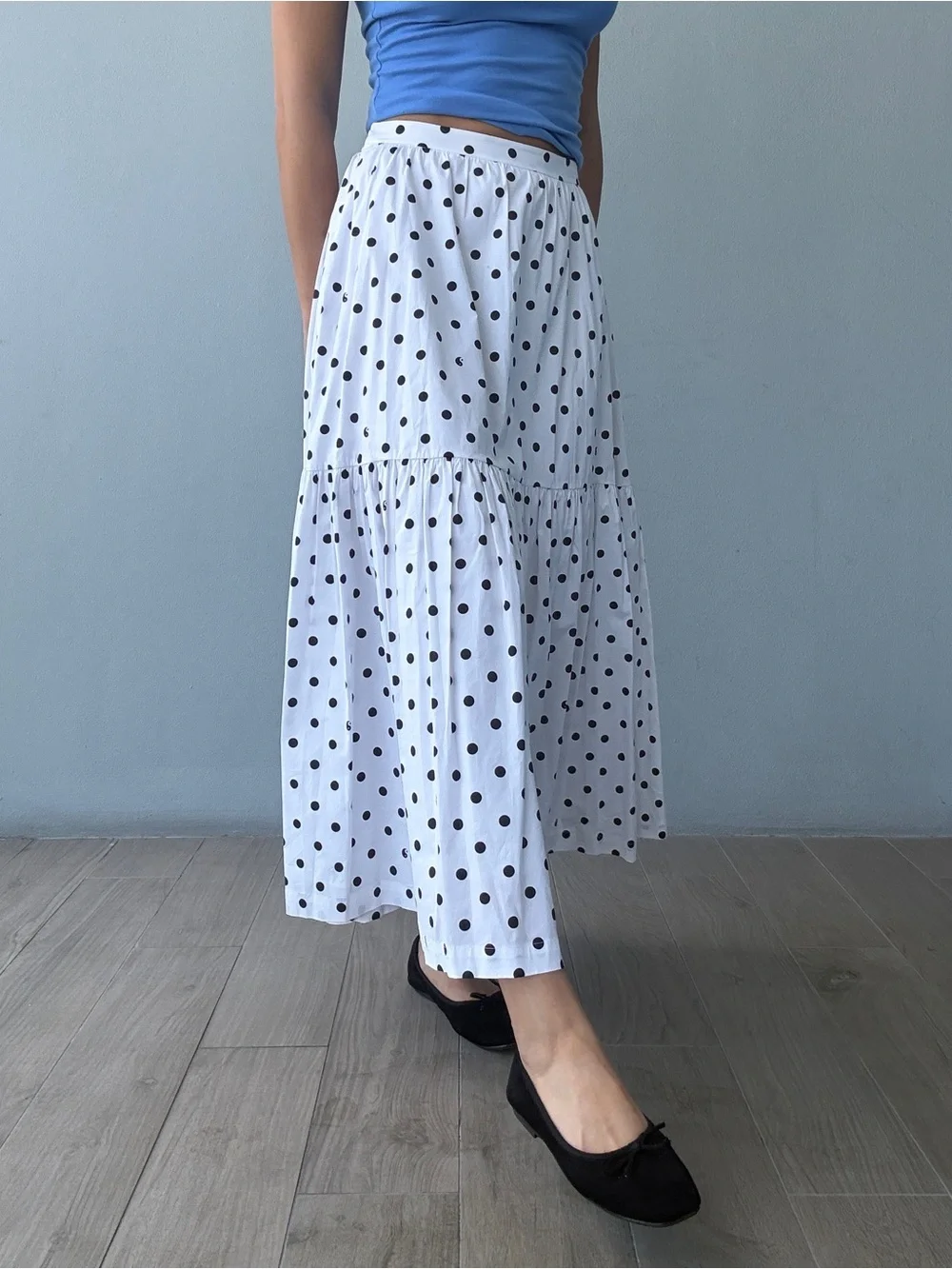 Polka Dot Tiered Maxi Skirt - White with Black Dots